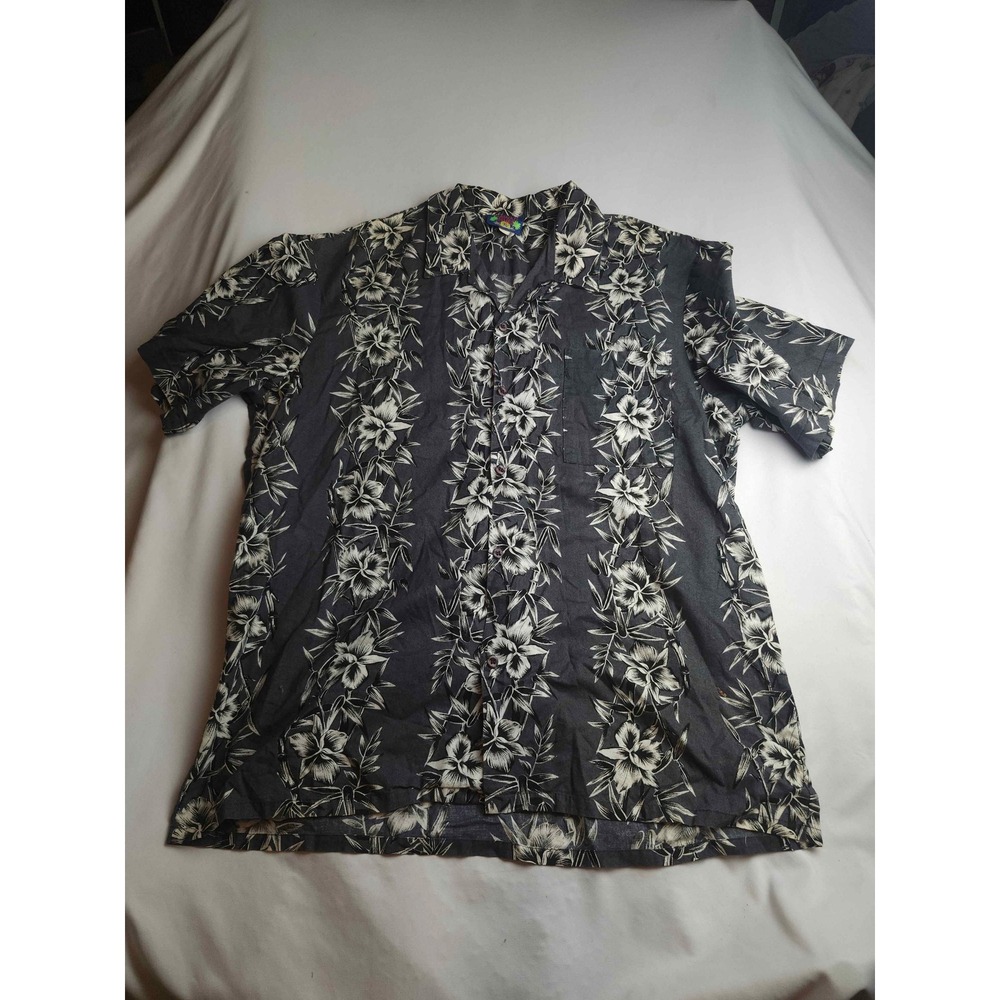 Hawaii Blues Mens XL Black White Floral Bamboo Tropical Aloha Button Down Shirt